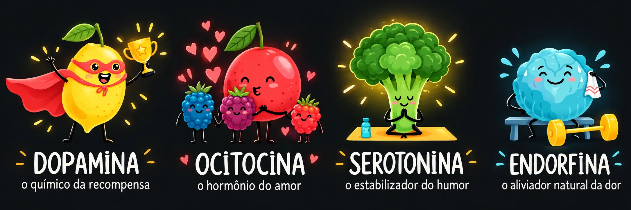 As quatro moléculas do método D.O.S.E.: dopamina, ocitocina, serotonina e endorfina